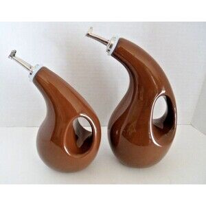 Rachael Ray Oil & Vinegar Cruets Brown Ceramic Dispensers NIB